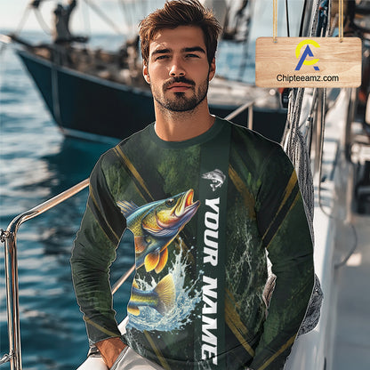 Personalized Walleye Fishing Jersey – Green Angler Shirt Custom Name, Fishing Gift For Men NHT876