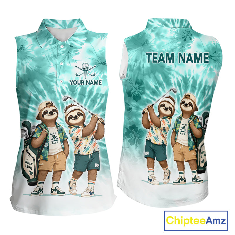 Funny Sloth Sleeveless Womens Golf Polo Shirt  –  Blue Tie Dye Custom Name Golf Shirt, Golf Gift NHT880