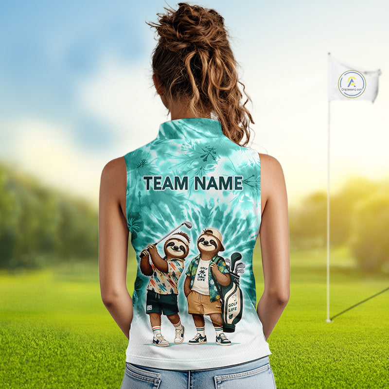 Funny Sloth Sleeveless Womens Golf Polo Shirt  –  Blue Tie Dye Custom Name Golf Shirt, Golf Gift NHT880