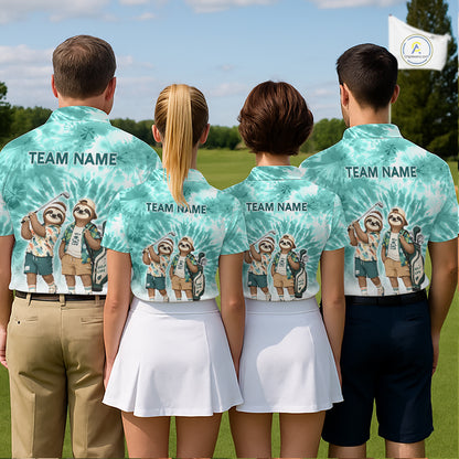 Funny Sloth Golf Polo Shirt For Womens –  Blue Tie Dye Custom Name Golf Shirt, Golf Gift NHT880