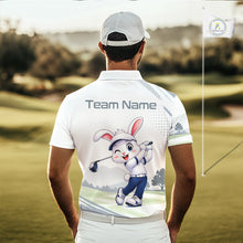 Load image into Gallery viewer, Person wearing a white polo shirt with a cartoon character and 'Team Name' text on a golf course.