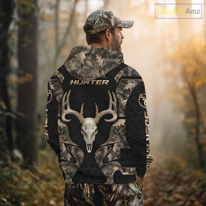 Skull Deer Hunting Custom Name Brown Camo Shirt, Hunting Hoodie For Hunters NHT348