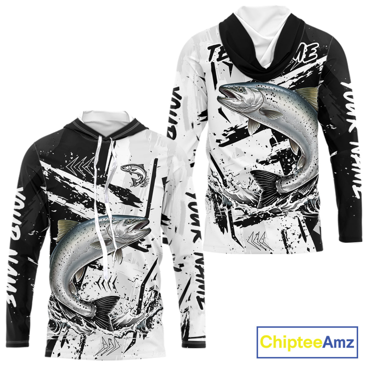 Chinook Salmon (King Salmon) Fishing Black White Camo Performance Fishing Shirts NHT462
