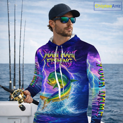Custom Neon Pattern Mahi Mahi Hooded Fishing Shirts Long Sleeve, Fishing Shirt Jersey NHT534