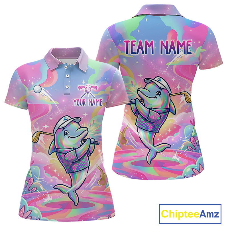 Funny Pastel Dolphin Womens Golf Polo Shirt Custom Ocean Golf Shirt, Polo Gift For Golf Lovers NHT897