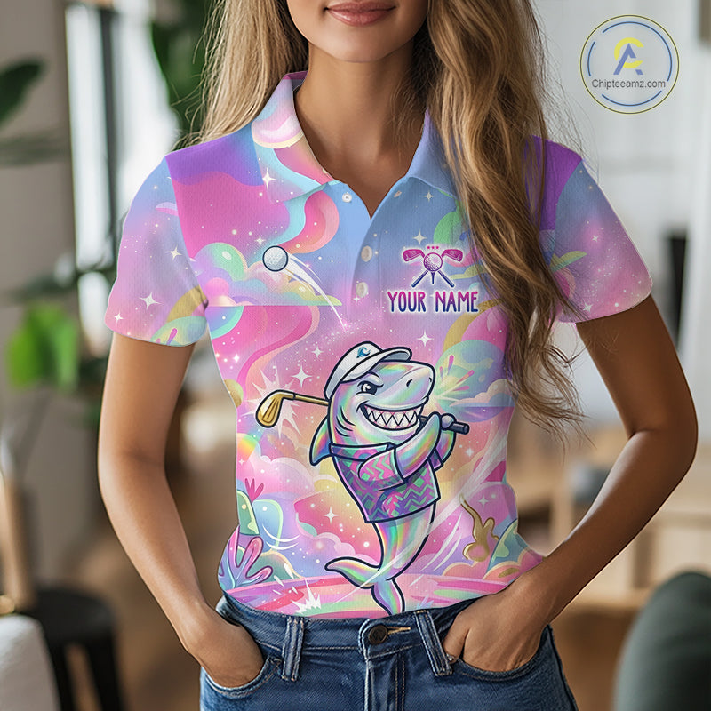 Funny Pastel Shark Womens Golf Polo Shirt Custom Ocean Golf Shirt, Polo Gift For Golf Lovers NHT898