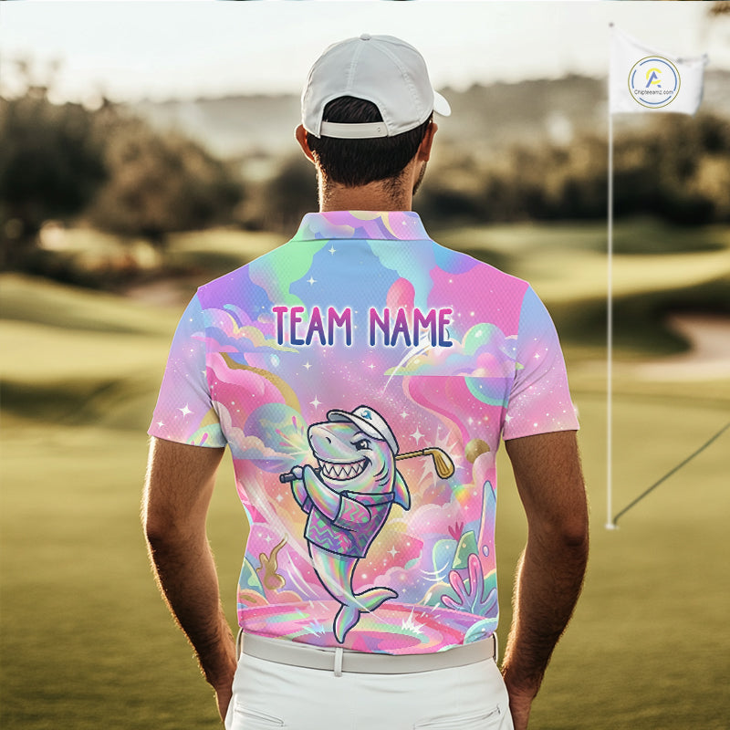 Funny Pastel Shark Mens Golf Polo Shirt Custom Ocean Golf Shirt, Polo Gift For Golf Lovers NHT898