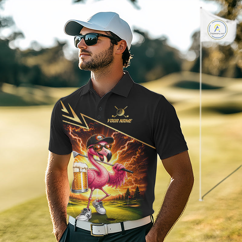 Funny Flamingo Mens Golf Polo Shirts Custom Golf And Beer Golf Apparel For Golfer NHT900