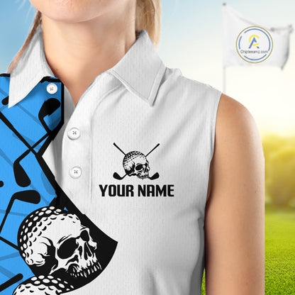 Custom Skull Womens Sleeveless Golf Polo Shirt Personalized Name, Golf Team Polo Jersey| Blue 