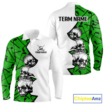 Custom Skull Mens Golf Polo Shirt Personalized Name, Golf Team Polo Jersey| Green 