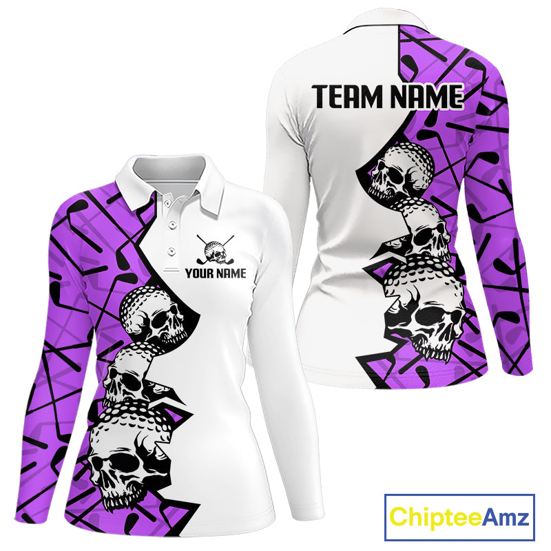 Custom Skull Womens Golf Polo Shirt Personalized Name, Golf Team Polo Jersey| Purple 