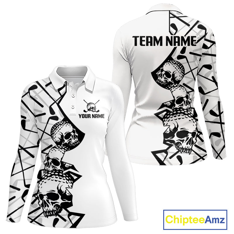 Custom Skull Womens Golf Polo Shirt Personalized Name, Golf Team Polo Jersey| White 
