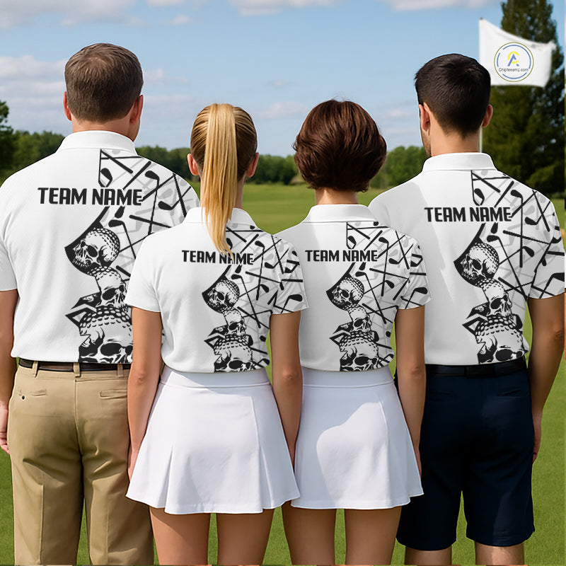 Custom Skull Mens Golf Polo Shirt Personalized Name, Tournament Golf Team Polo Jersey| White NHT1064