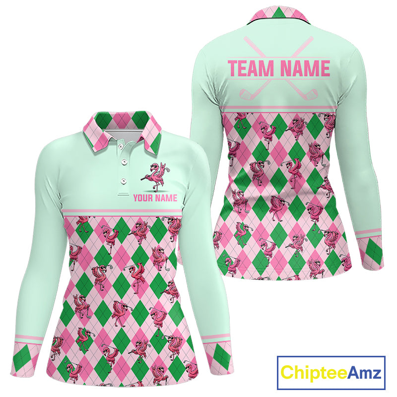 Front and back views of a long-sleeve polo shirt featuring a mint green base with pink and green argyle diamonds, pink cartoon pigs, and customizable text placeholders on a white background. A ChipteeAmz logo is visible in the bottom right corner.