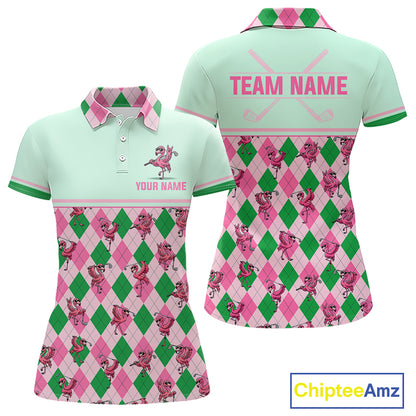 Front and back views of a women's short-sleeve polo shirt with a pink and green argyle pattern featuring golf club and ball illustrations, customizable text on the front, and 'TEAM NAME' on the back