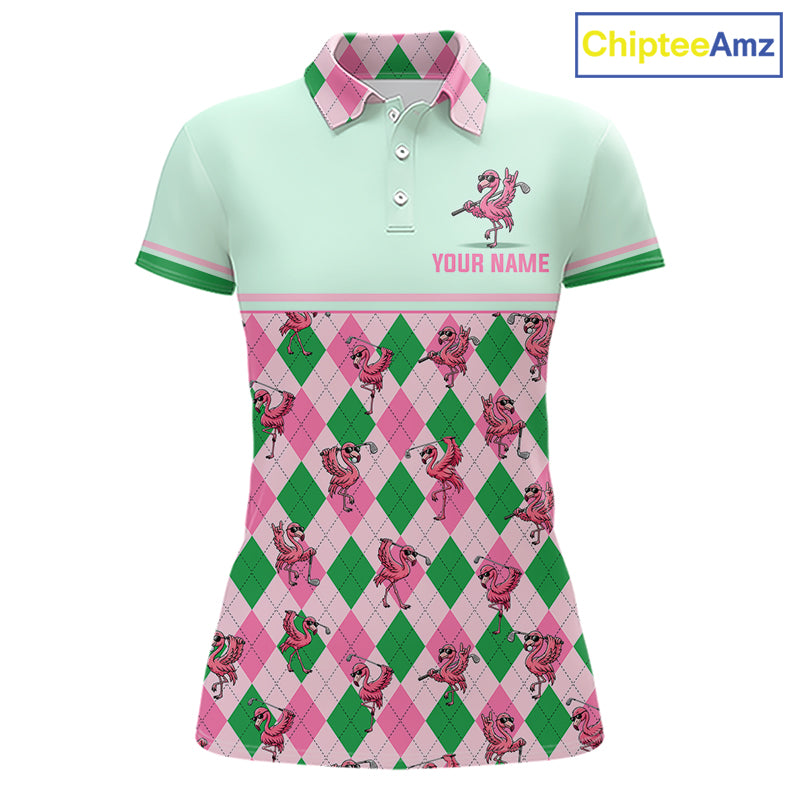 A women's short-sleeve polo shirt with a mint green upper chest and collar, a pink and green argyle pattern with flamingo illustrations across the lower half, and a customizable name print on the chest. The ChipteeAmz logo is visible in the top right corner.