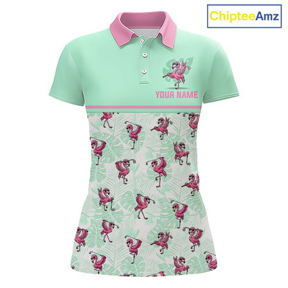 A women's short-sleeve polo shirt with a mint green and pink color-blocked design. The upper portion is solid mint green with a pink collar, while the lower portion features a tropical monstera leaf pattern with pink flamingos.