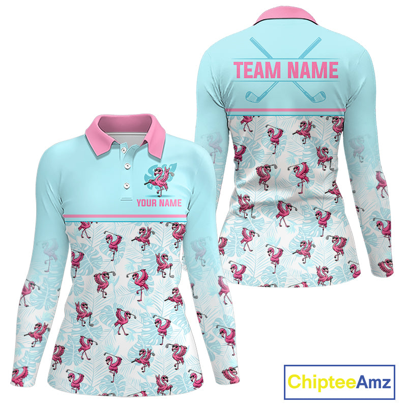 Custom Flamingo Womens Golf Polo Shirt Personalized Name & Team Outfits Light Blue Pink Preppy Golf Shirt NHT1229