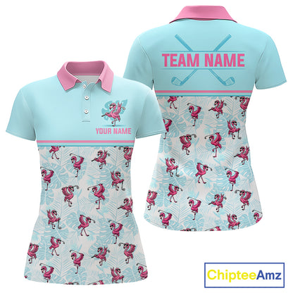 Customizable women's short-sleeve polo shirt shown from the front and back. The shirt features a light blue and pink color scheme with a tropical pattern of pink flamingos and palm leaves.