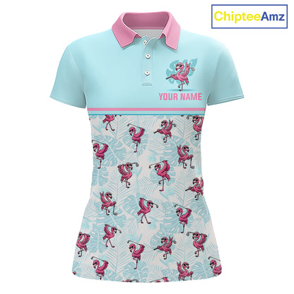 A women's short-sleeve polo shirt in light blue and pink, featuring a tropical flamingo print on the lower half, a pink collar, and a customizable name patch on the chest. The ChipteeAmz logo is visible in the top right corner.