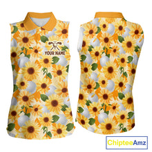 Load image into Gallery viewer, Personalized Sunflower Womens Sleeveless Golf Polo Shirt Custom Name Floral Golf Polo For Women 