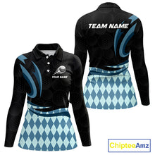 Load image into Gallery viewer, Personalized Womens Golf Polo Shirt Custom Name, Black Blue Argyle Golf Team Polo 