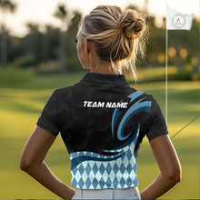 Load image into Gallery viewer, Personalized Womens Golf Polo Shirt Custom Name, Black Blue Argyle Golf Team Polo 
