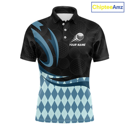 Personalized Mens Golf Polo Shirt Custom Name, Black Blue Argyle Golf Team Polo 