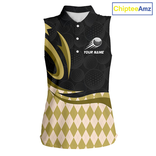 Personalized Womens Sleeveless Golf Polo Shirt Custom Name, Black Yellow Argyle Golf Team Polo 