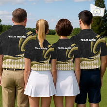 Load image into Gallery viewer, Personalized Womens Golf Polo Shirt Custom Name, Black Yellow Argyle Golf Team Polo NHT1076