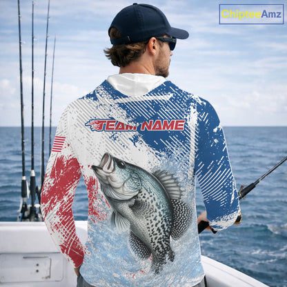 Custom Patriotic American Flag Crappie Fishing Shirts Long Sleeve Hooded, Fishing Tournament Jerseys NHT550
