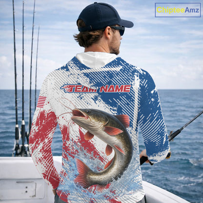 Custom Patriotic American Flag Catfish Fishing Shirts Long Sleeve Hooded, Fishing Tournament Jerseys NHT552