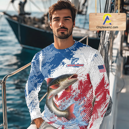 Custom Patriotic American Flag Catfish Fishing Shirts Long Sleeve, Fishing Tournament Jerseys NHT552