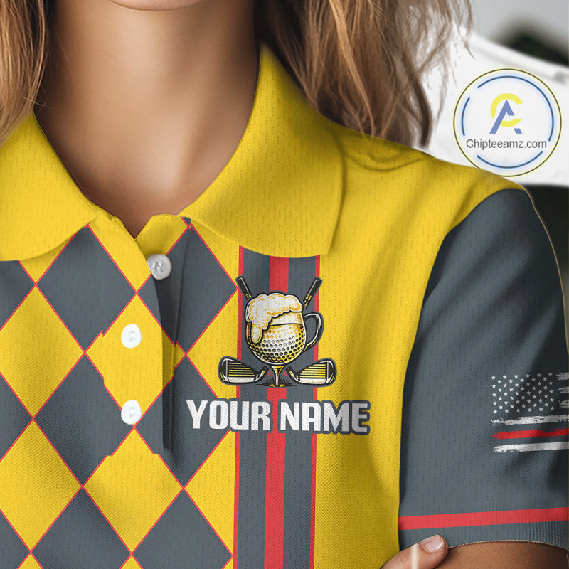 Personalized Womens Golf Polo Shirt Beer And Golf Ball Graphic Custom Team Name Golf Jersey|Yellow NHT1090