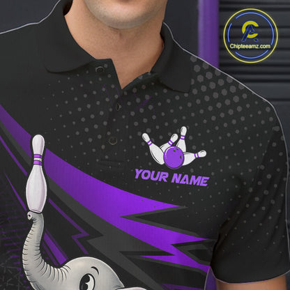 A close-up of a person wearing a black short-sleeve polo shirt with a purple bowling-themed graphic, including bowling pins, a purple bowling ball, a cartoon elephant, and the text 'YOUR NAME'. A circular 'Chipleeamz.