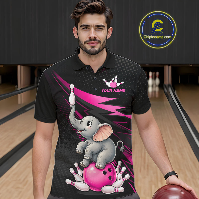 A man wearing a black short-sleeve bowling polo shirt with a cartoon elephant graphic and pink accents, standing in a bowling alley. A circular 'Chipleeamz.