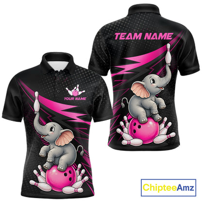 Custom black short-sleeve polo shirt with a cartoon baby elephant sitting on a pink bowling ball and bowling pins, shown from both front and back views. Features customizable text placeholders 'YOUR NAME' and 'TEAM NAME'.