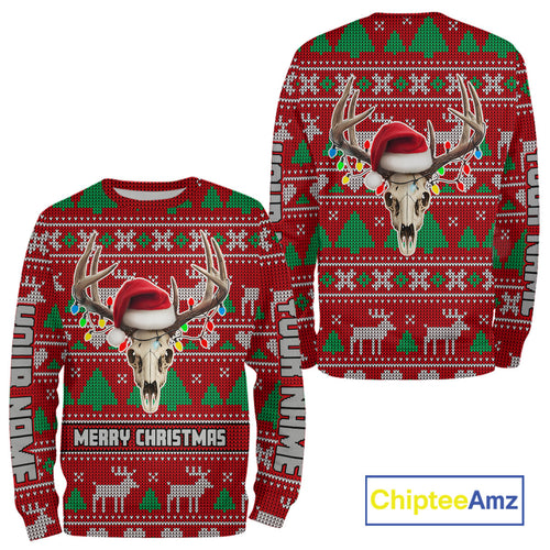 Funny Ugly Sweater Pattern Skull Deer Hunting Custom All Over Print Shirts NHT302