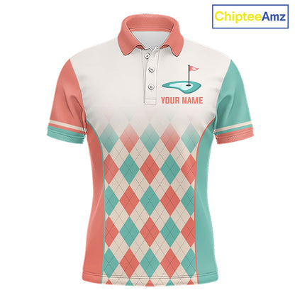 Argyle Pattern Golf Polo Shirts For Mens Custom Name, Golf Pattern Orange Turquoise Shirt Gifts NHT929
