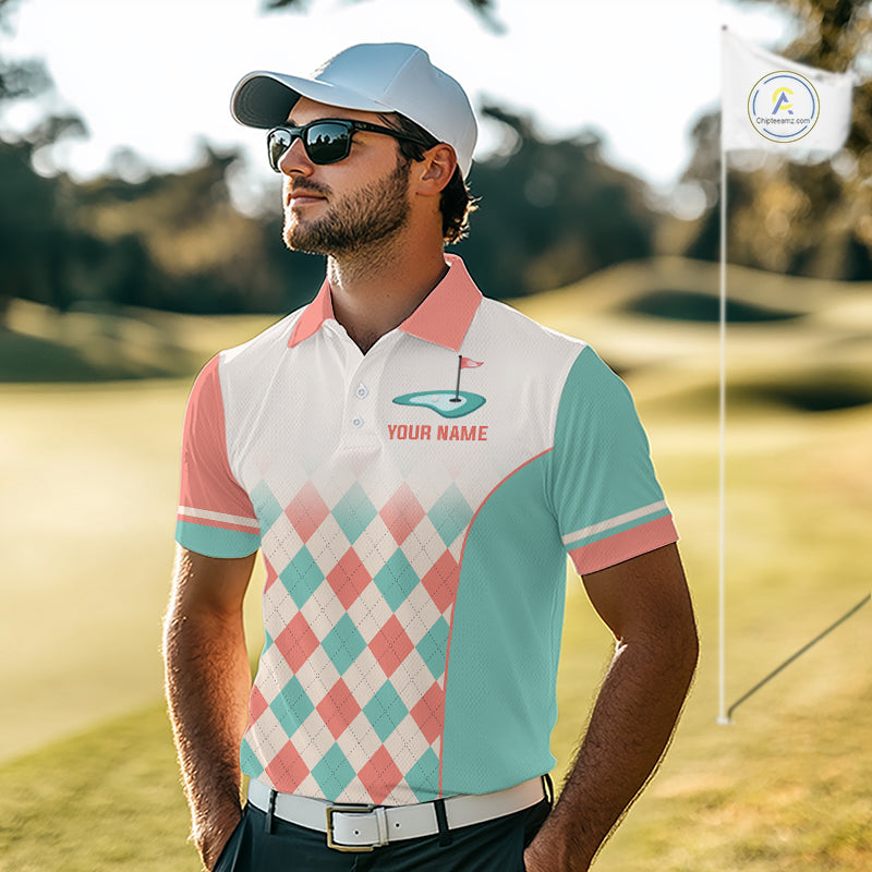Argyle Pattern Golf Polo Shirts For Mens Custom Name, Golf Pattern Orange Turquoise Shirt Gifts NHT929