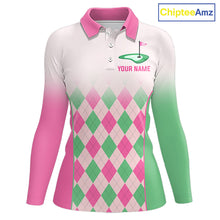 Load image into Gallery viewer, Argyle Pattern Golf Polo Shirts For Womens Custom Name, Golf Pattern Pink Green Shirt Gifts NHT930