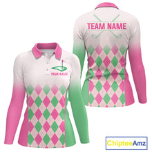 Load image into Gallery viewer, Argyle Pattern Golf Polo Shirts For Womens Custom Name, Golf Pattern Pink Green Shirt Gifts NHT930