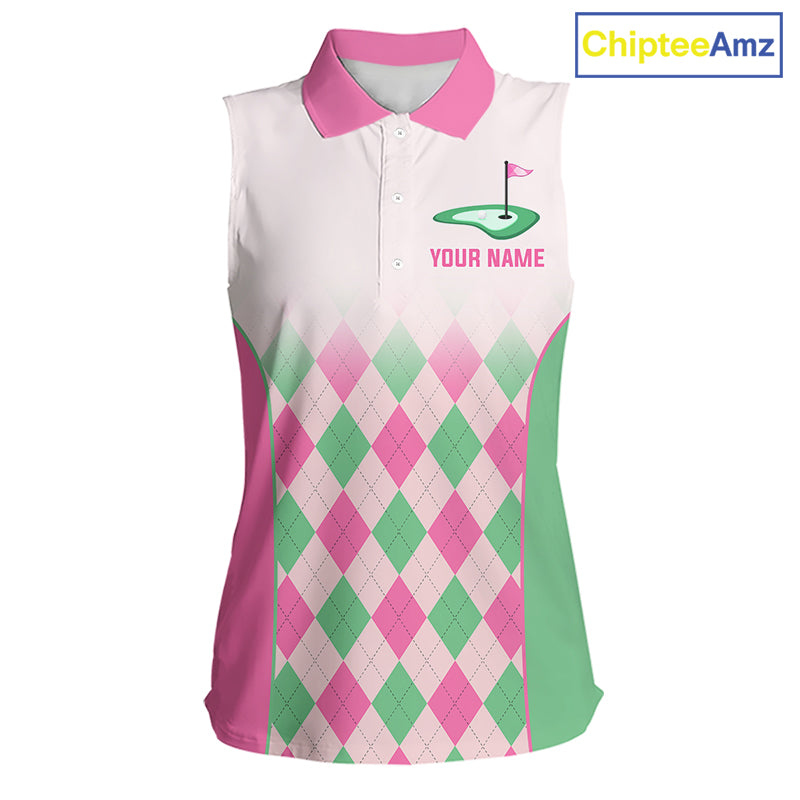 Argyle Pattern Womens Sleeveless Golf Polo Shirts For Womens Custom Name, Golf Pattern Pink Green Shirt Gifts NHT930