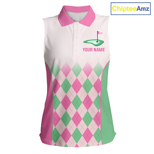 Argyle Pattern Womens Sleeveless Golf Polo Shirts For Womens Custom Name, Golf Pattern Pink Green Shirt Gifts NHT930