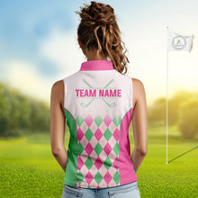 Load image into Gallery viewer, Argyle Pattern Womens Sleeveless Golf Polo Shirts For Womens Custom Name, Golf Pattern Pink Green Shirt Gifts NHT930