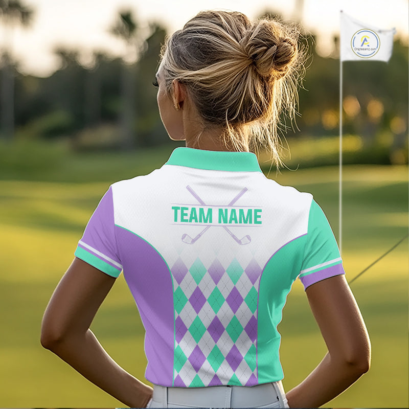 Argyle Pattern Golf Polo Shirts For Womens Custom Name, Golf Pattern Turquoise Purple Shirt Gifts NHT932