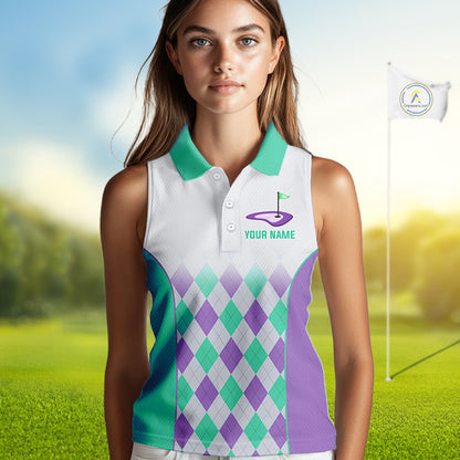 Argyle Pattern Womens Sleeveless Golf Polo Shirts For Womens Custom Name, Golf Pattern Turquoise Purple Shirt Gifts NHT932