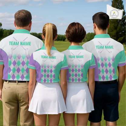 Argyle Pattern Golf Polo Shirts For Mens Custom Name, Golf Pattern Turquoise Purple Shirt Gifts NHT932
