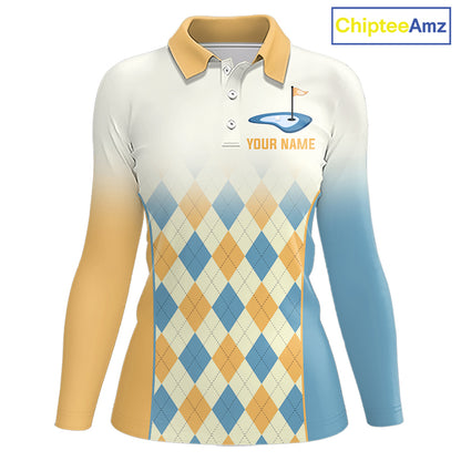 Argyle Pattern Golf Polo Shirts For Womens Custom Name, Golf Pattern Yellow Blue Shirt Gifts NHT933