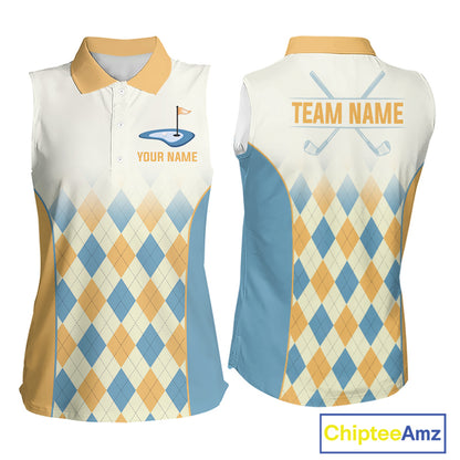 Argyle Pattern Womens Sleeveless Golf Polo Shirts For Womens Custom Name, Golf Pattern Yellow Blue Shirt Gifts NHT933